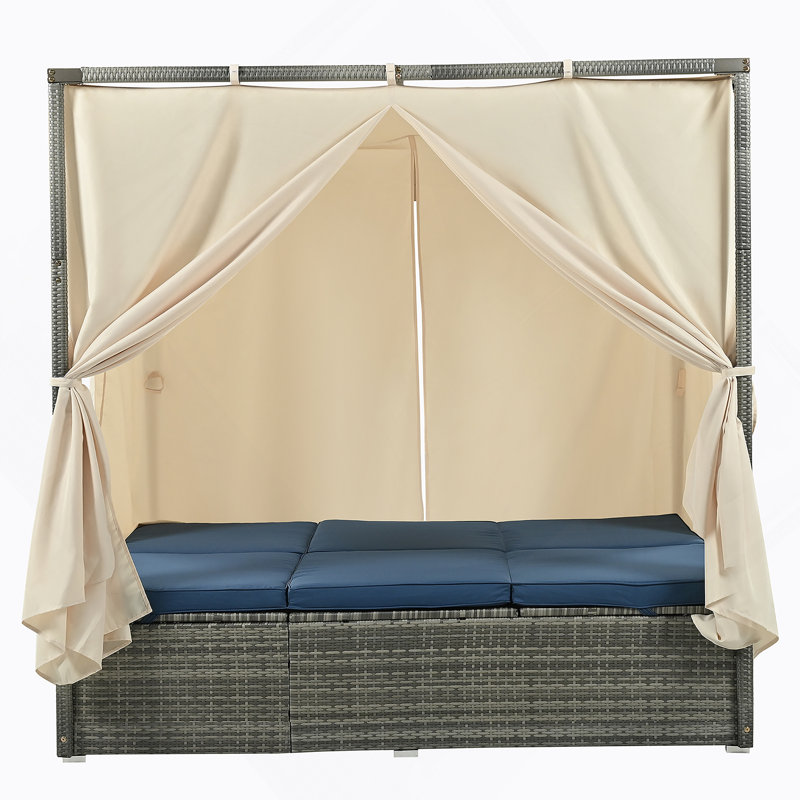 Adjustable Sun Bed With Curtain,High Com Fort,With 3 Colors, Blue Cushion/GrayFrame