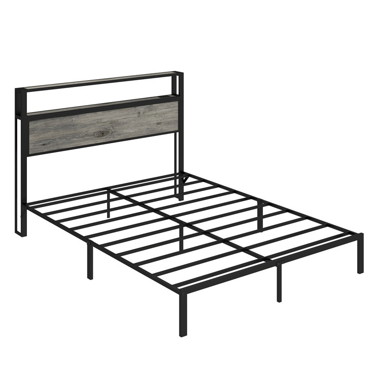 Lit plateforme Queen en bois avec tête de lit de rangement, éclairage DEL RVB et station de recharge, Grand lit, Gris clair
