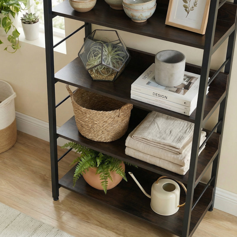 59.2" Ladder Bookcase, Rustic Industrial Wood Bookshelf Bookcase For Living Room, Bedroom, Home Office, Walnut