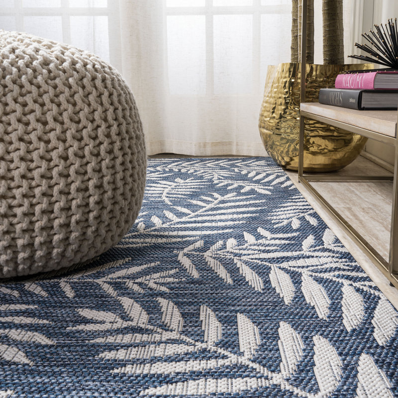 Mechling Nevis Palm Frond Navy/Ivory Indoor/Outdoor Rug, Runner 2'2" x 10'