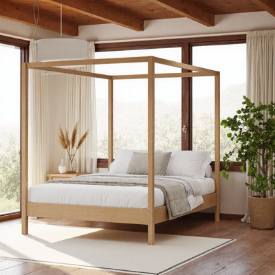 Solid Pine Wood Canopy Bed Frame Queen Size, Modern Four-Poster Bed with Wooden Slats Support, No Box Spring Needed, Natural Wood Finish