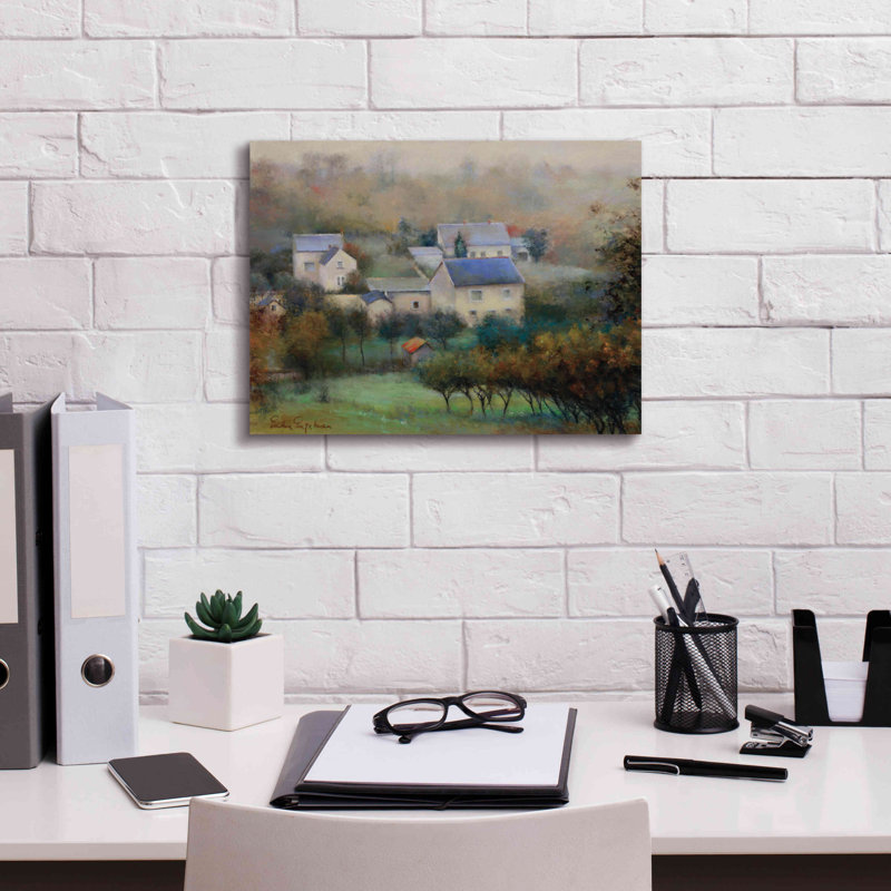 Campagne hameau - peinture sur toile tendue, H 12 po x l 16 po x P 0,75 po