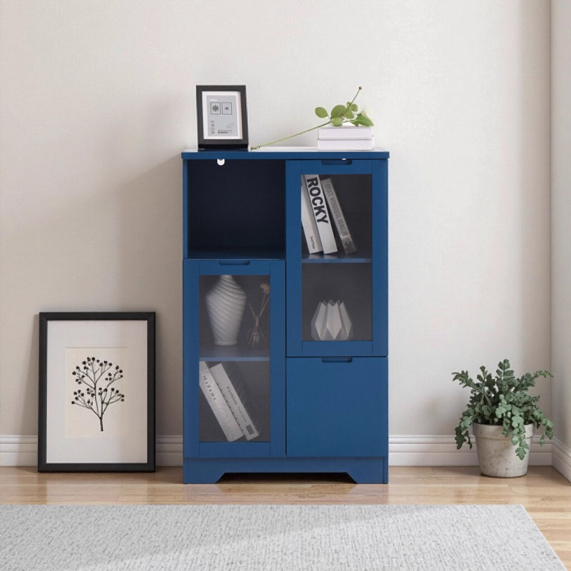 Navy Blue MDF Storage Cabinet with Glass Doors & Drawer, Modern Handleless Design for Living Room/Bedroom, 25.6" W x 11.8" D x 39.4" H