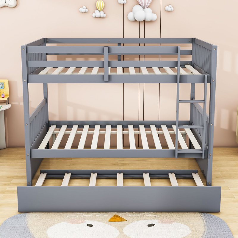 Full Over Full Wood Bunk Bed With Twin Trundle, Ladder And Guardrails, Gray