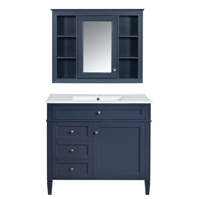 Armoire de salle de bain moderne avec 2 portes à fermeture douce et 4 tiroirs, meuble-lavabo simple, meuble-lavabo de 36 po avec armoire à pharmacie