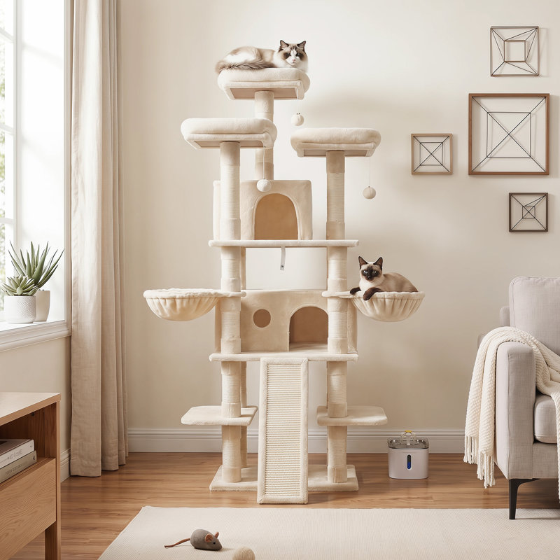 Arbre à chat 68 po à plusieurs niveaux avec condos, poteaux à griffer et paniers suspendus, conception anti-basculement