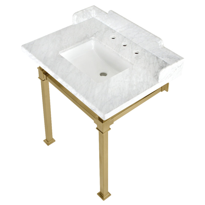 Kingston Brass Viceroy 30-Inch Carrara Marble Console Sink with Stainless Steel Legs (8-Inch, 3-Hole)