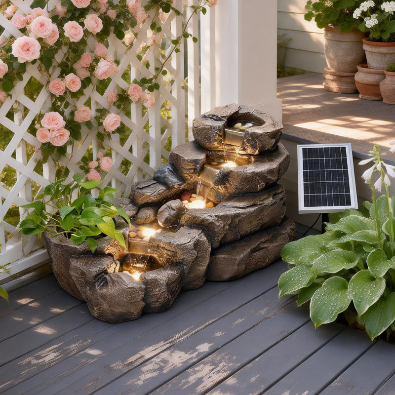 38.2" L Solar Water Fountain Outdoor,5-tier Rock Waterfall Hanaleigh Solar Powered Floor Standing Outdoor Water Feature With Led Lights For Patio, Garden,porch, Yard, Home Art Decor