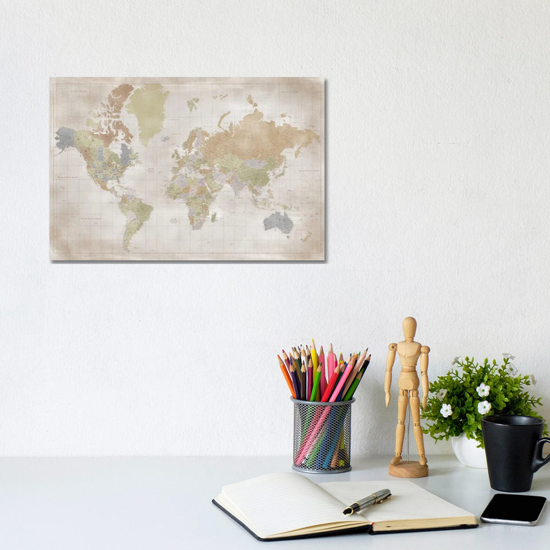 Carte du monde très détaillée - Giclée sur toile tendue avec châssis