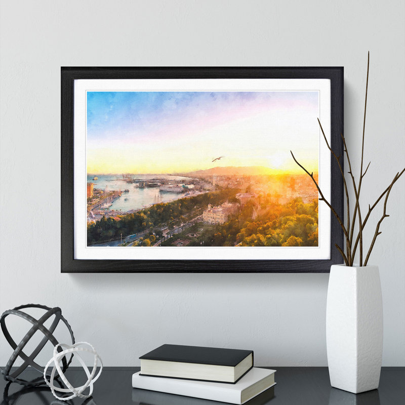 'Malaga Skyline in Spain' - Picture Frame Graphic Art Print, Black Framed, 45cm H x 63cm W x 2cm D