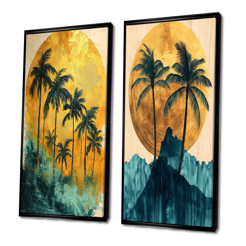 Palmiers émeraude sur un lever de soleil tropical doré - Collection de 2 panneaux de toiles florales, H 32 po x l 33 po