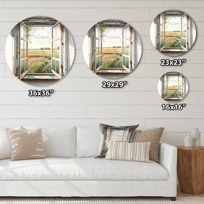 Window To Landscape Views IV - Décoration murale ronde en métal Farm, H 23 po x l 23 po