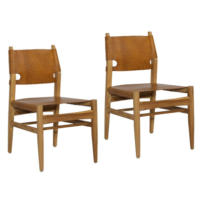19.06 " H Genuine Leather Upholstered Teak Solid Wood Side Chair