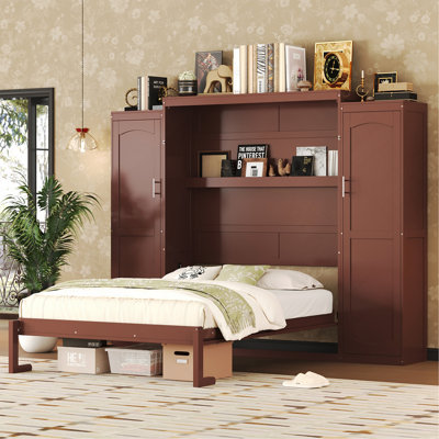 Full Size Murphy Bed, Wooden Full Wall Bed With 2 Wardrobe And Storage Shelf, Multifunctional Foldable Platform Bedframe