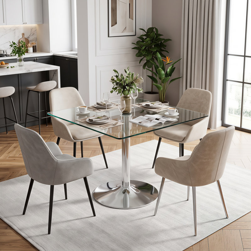 Table de salle à manger carrée moderne en verre de 98 cm (38,5 po) avec pied central en métal, Silvery