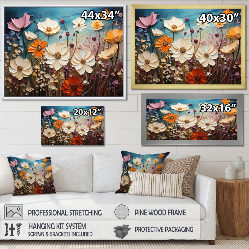 «White Yellow Wildflowers Natures Symphony», reproduction d'art sur toile, Cadre flottant blanc, H 16 po x l 32 po x P 1 po