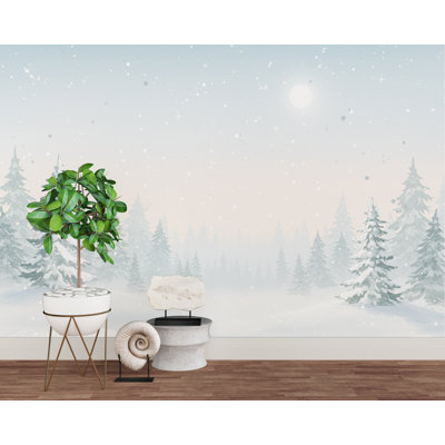 Murale de forêt enchantée en hiver - aquarelle enneigée, arbres à feuilles persistantes et papier peint ciel clair de lune - pépinière calme ou décor mural d'hiver 810RS (non tissé) RS810