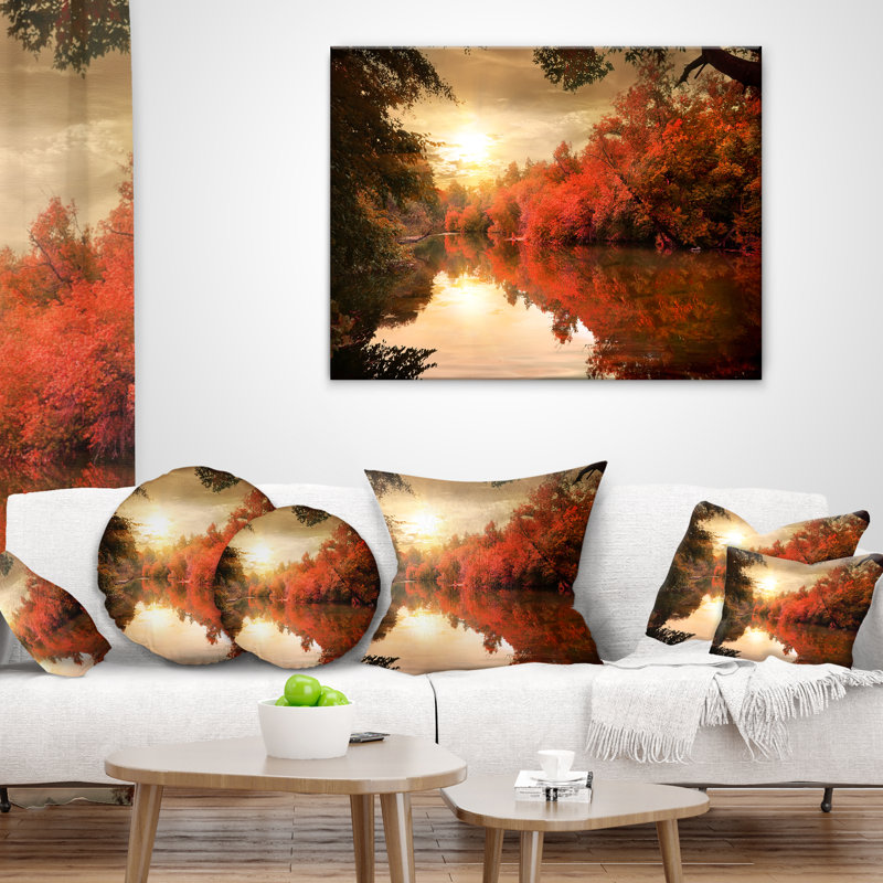 Designart 'Colourful Fall Sunset over River' Landscape Printed Throw Pillow, 16" x 16", Throw Pillow