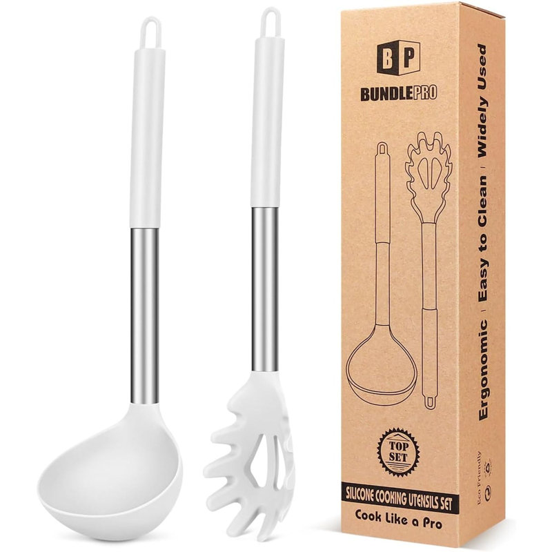 Ensemble de cuillères et fourchettes à pâtes en silicone, grands ustensiles de cuisine antiadhésifs pour la cuisson, le brassage, le service des spaghettis, la soupe, la sauce (BLANC)