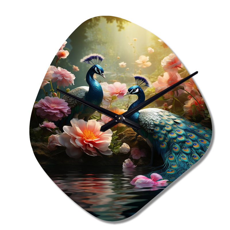 Bleu sarcelle, art indien dansant des paons - horloge murale asymétrique en métal, impression unique, Grand