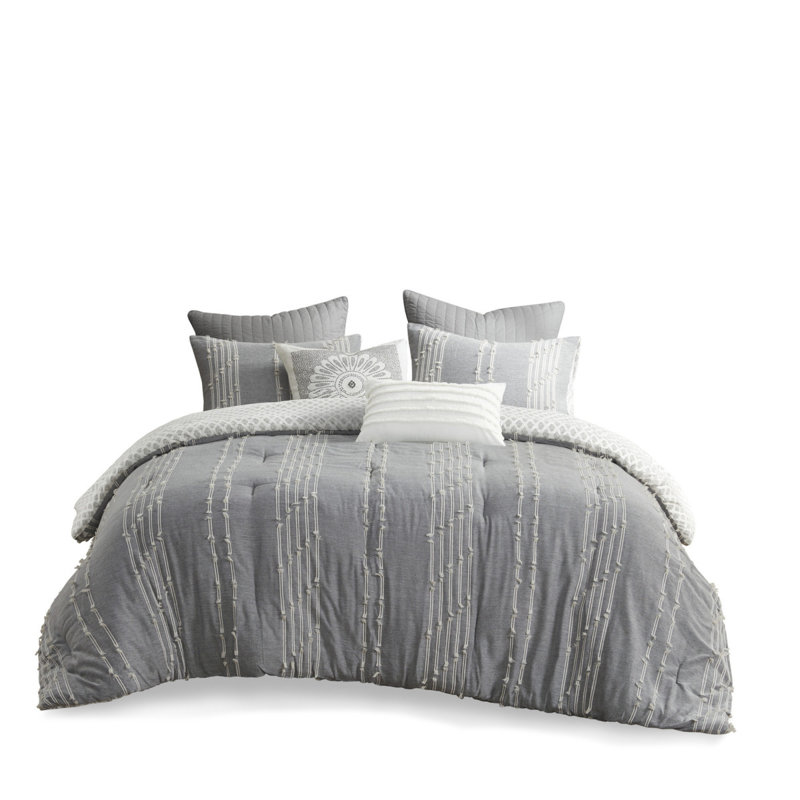 Modern Gray Cotton Jacquard Bedding Sets, Full Queen Comforter For Bedroom