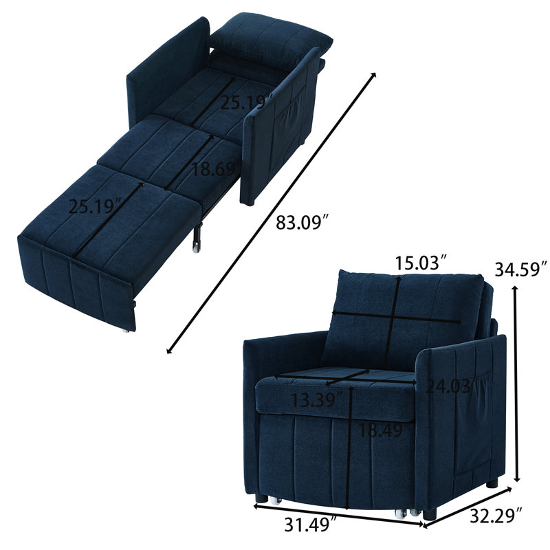 Futon de canapé rembourré de style moderne de luxe avec dossier et siège réglables, poches de rangement, tiroirs, Bleu