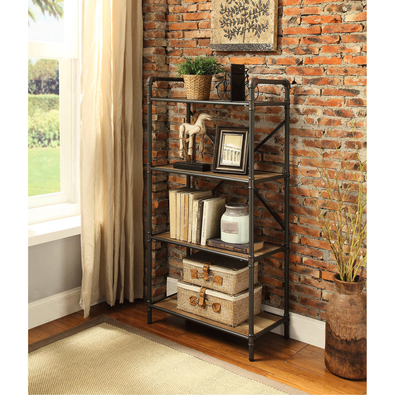 Chêne antique et étagère de rangement gris sableux - 4 rectangulaires avec métal et placage