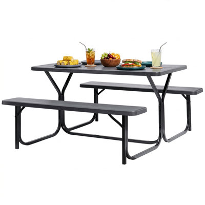 Ensemble de table de pique-nique gris avec bancs, table de salle à manger en plastique grain de bois avec structure en métal robuste, table de pique-nique de jardin pour tous les espaces extérieurs, 6 personnes