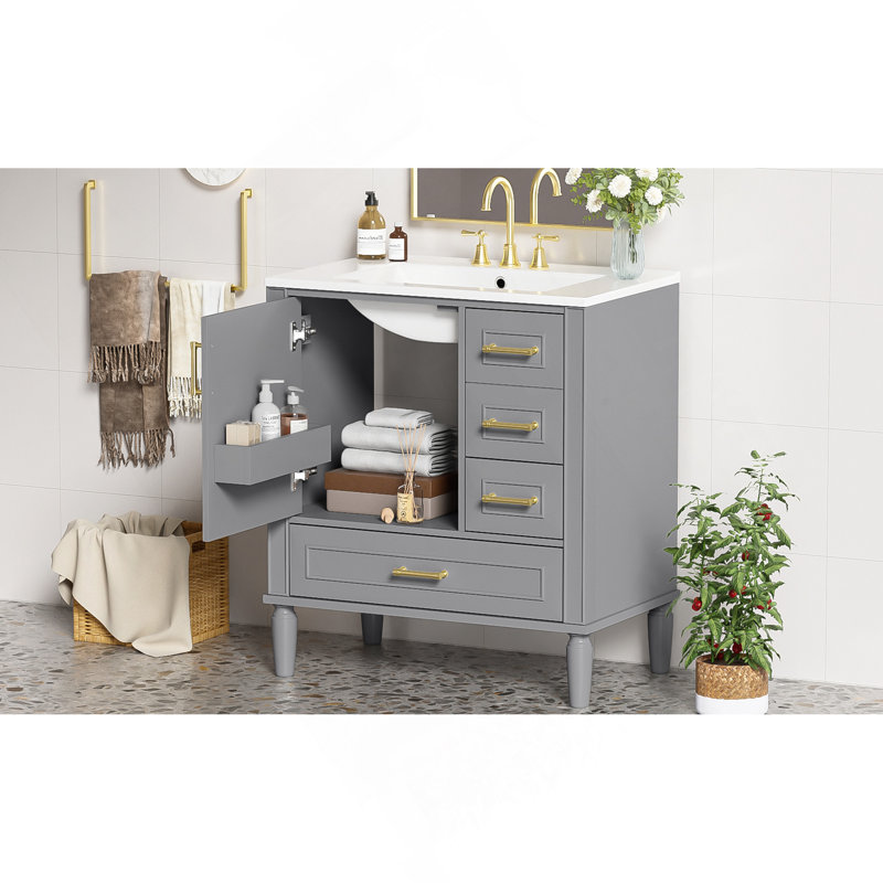 Meuble-lavabo de 30 po avec lavabo en céramique, porte à fermeture en douceur avec tablette intégrée, tiroir profond, tiroir standard, grand tiroir diviseur, grande armoire de rangement pour la salle de bain, design moderne et fonctionnel