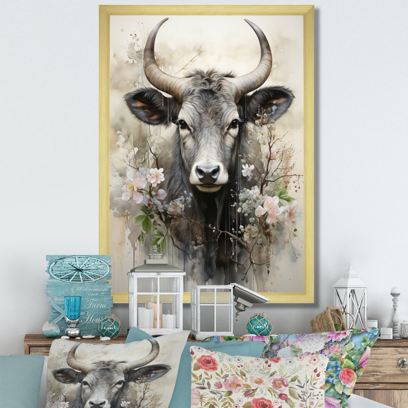 Bernoise Asian Art Cow Sumi II - reproduction d'art, H 20 po x l 12 po x P 1 po, Encadrement doré