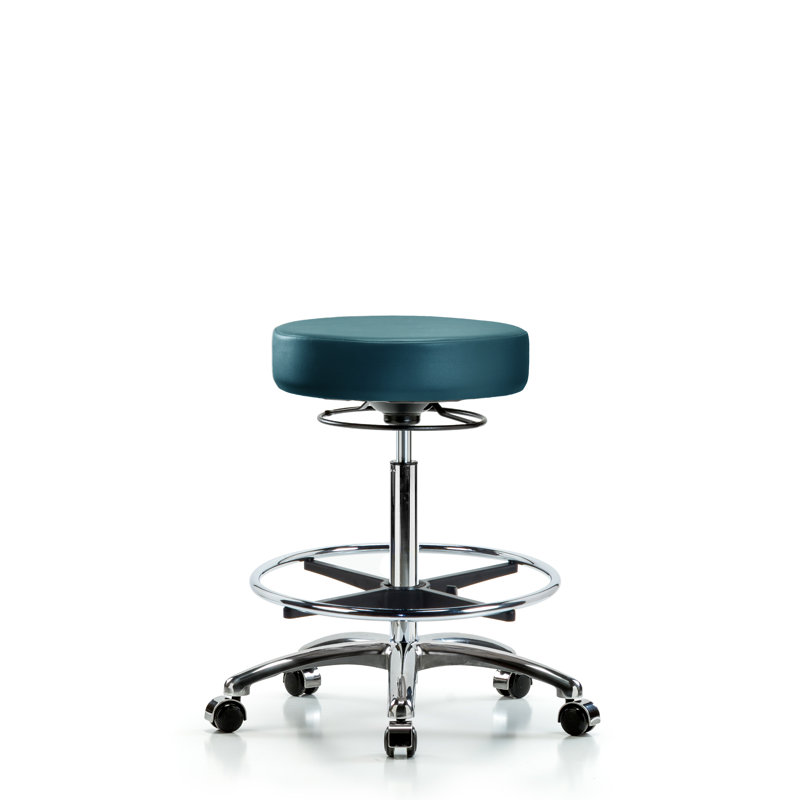 Tabouret en vinyle sans dossier - hauteur de banc moyenne avec anneau de pied chromé et roulettes en vinyle Supernova bleu marine