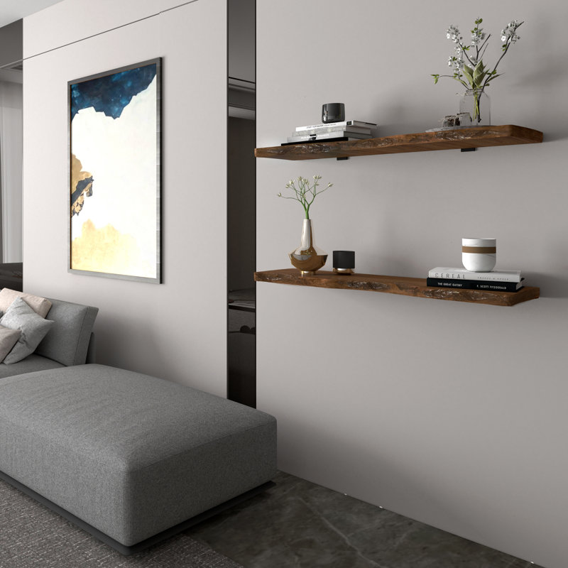 Fiorentino Solid Wood Bracket Shelf with Live Edge, Oiled Walnut