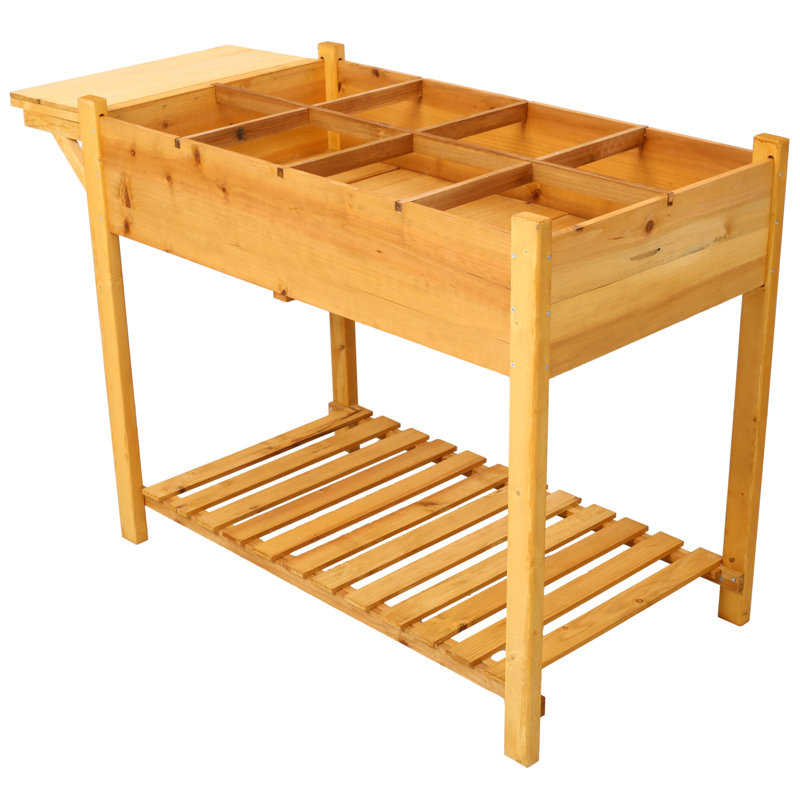 Natural Wood Elevated Garden Bed with Foldable Side Table