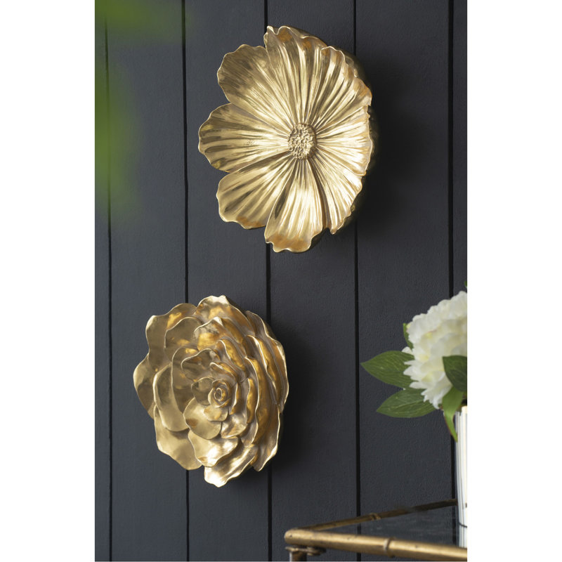 Gold Rose Wall Decor Of 2, Rich Golden Shade, Intricate Details, Versatile For Home, Living Room, Bedroom, Hallway 2 Hanging Roses, Hue, Petal Design, Home Decor,