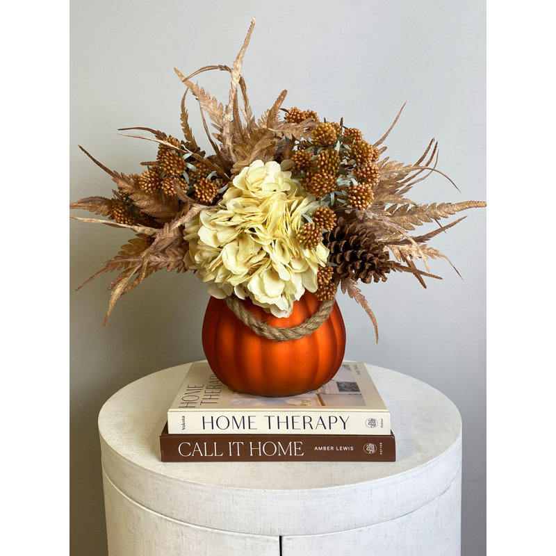 Hydrangea And Pampas Fall Arrangement In Glass Pumpkin