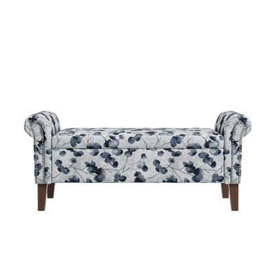 Traditional Rolled Arm Storage Bench Ottoman With Pewter Nailhead Trim With Solid Wood Legs