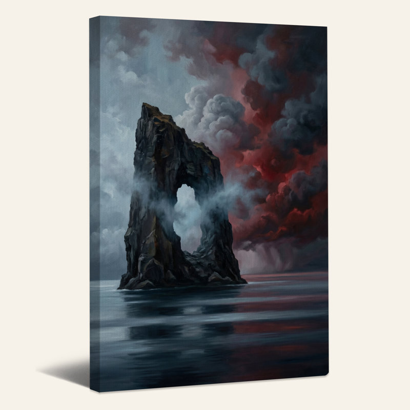 «Dark Rock Arch Against Red Storm Clouds», art mural, H 40 po x l 28 po