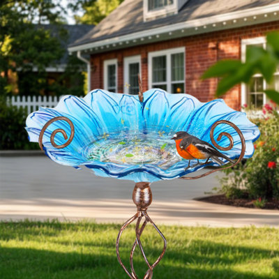Bird Baths - Outdoors Sunflower Glass Birdbaths,Birdfeeder With Metal Stake Bowl With Stake For Garden Yard Decor Blue