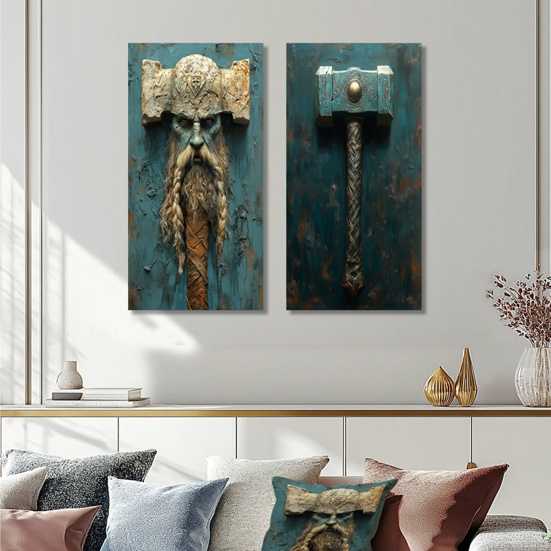 Ensemble d'art mural Thors Hammer I - Vikings Gods, H 28 po x l 24 po, Toile tendue