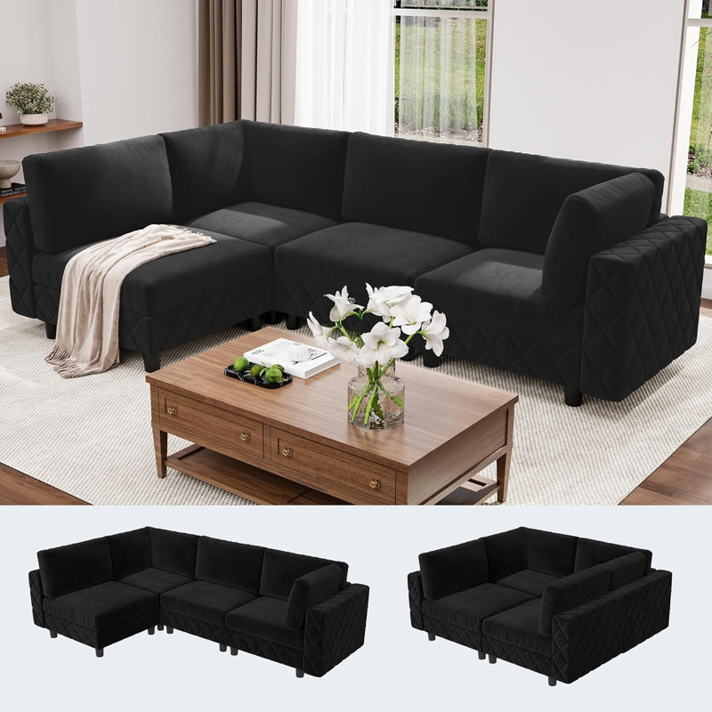 Canapé d'angle modulaire surdimensionné de 262 cm (103 po) avec assise profonde, revêtement en velours, supporte jusqu'à 544 kg (1 200 lb), flanelle noire, format appartement