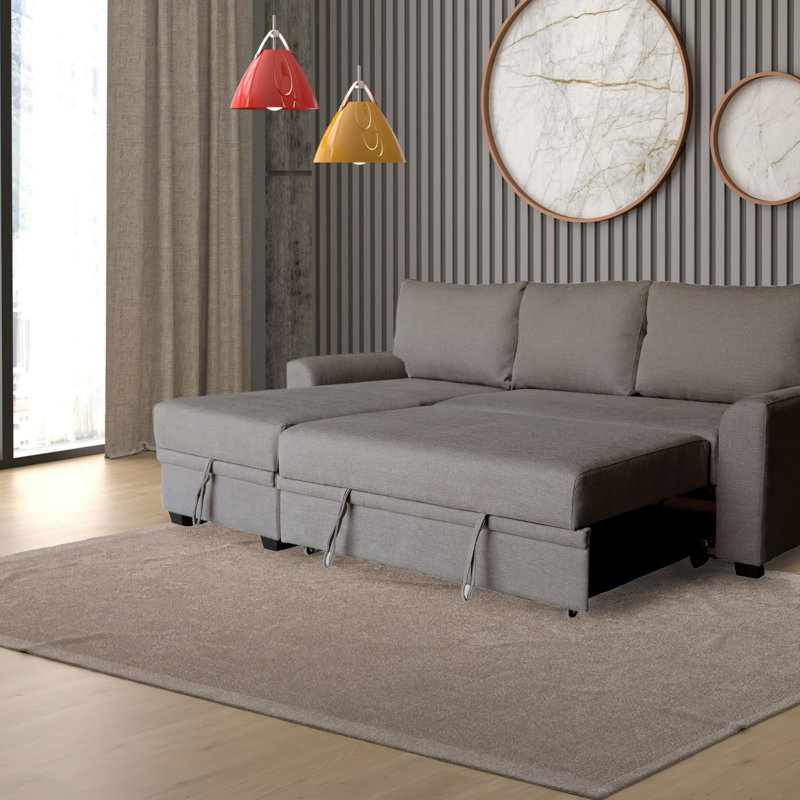 Canapé-lit modulaire en flanelle de tissu l 90,5 po avec méridienne de rangement orientée vers la gauche, Brun