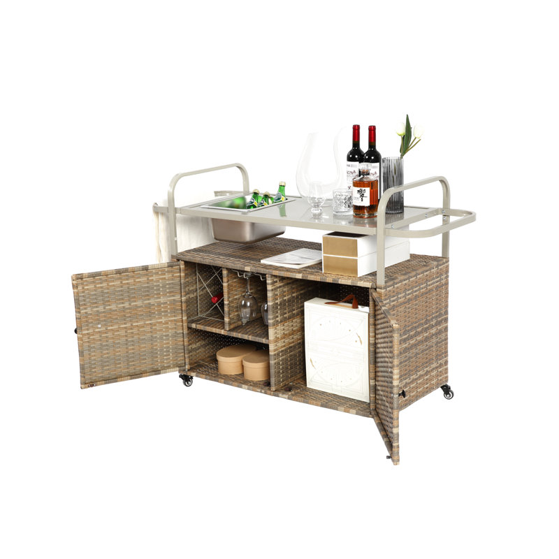 Table de bar d'extérieur avec plateau et armoire en acier - Chariot beige, roues verrouillables, panier latéral toutes saisons, instructions d'assemblage faciles