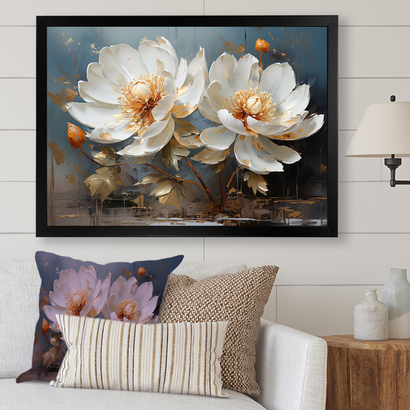 «Lotus Blossoms Bathed in Moonlight I», reproduction sur toile, Cadre simple noir, H 16 po x l 32 po x P 1 po