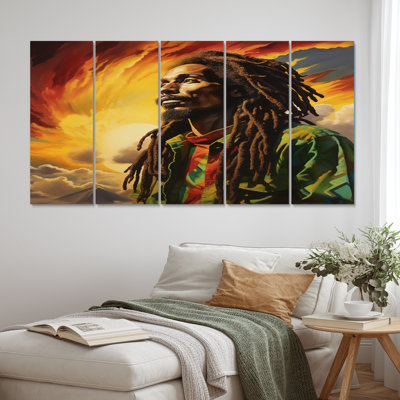 Reggae Tribute To Bob Marley - Yoga Canvas Wall Art - 5 Equal Panels
