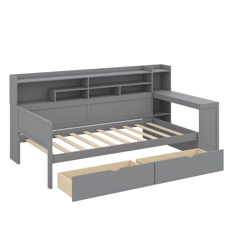 Lit de jour Timber avec rangement intégré, deux tiroirs et un bureau d'étude, Lit simple