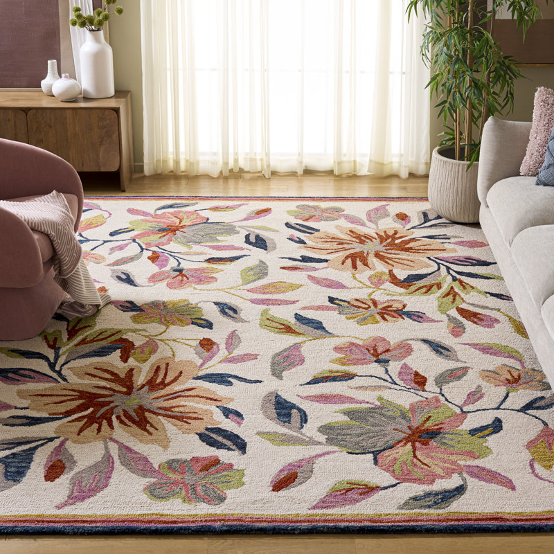 Laine touffetée à la main Jardin; Tapis d'intérieur floral en coton, Rectangle 9 pi x 12 pi