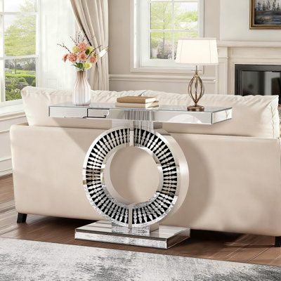 Silver Mirrored Console Table With Crystal Inlay, 39.4'' Long Entryway Sofa Table, O-shaped Base Modern Accent Narrow Table For Living Room, Hallway, Foyer, Entrance