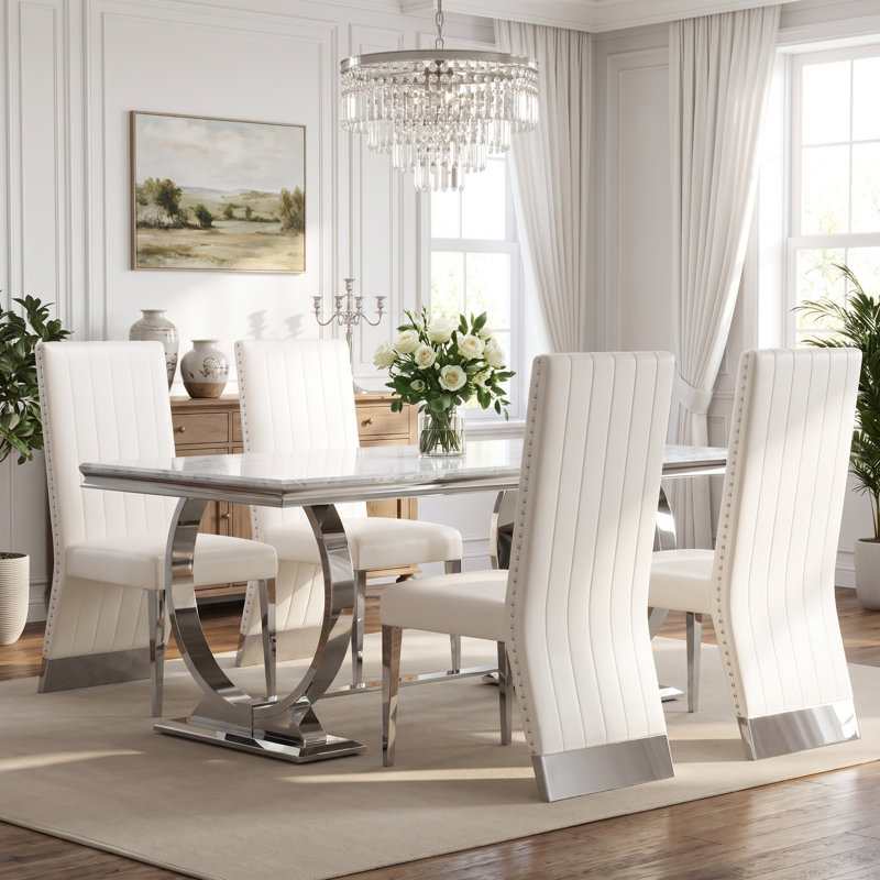 Ensemble table et chaises de salle à manger grises de 178 cm (70 pouces) avec 6 chaises de salle à manger en similicuir argenté pour 6 personnes