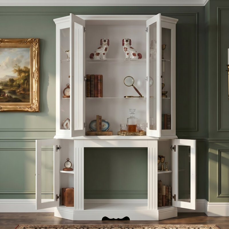 Vaisselier en coin 77 po avec portes en verre, vitrine autoportante