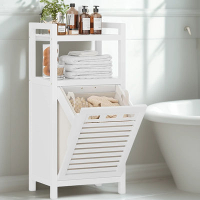 Tilt-Out Laundry Hamper Cabinet With Removable Basket, Hidden Storage Organizer With Shelf For Bathroom And Laundry Room, Space-Saving Design